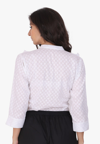 Dobby Frill Yoke White Full Sleeve Shirt