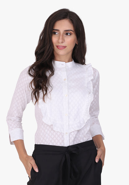 Dobby Frill Yoke White Full Sleeve Shirt