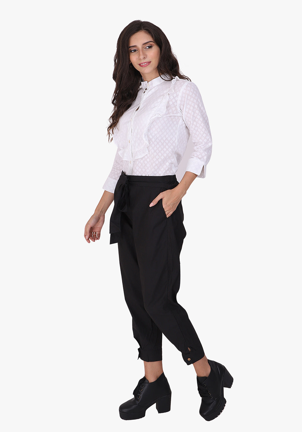 Dobby Frill Yoke White Full Sleeve Shirt