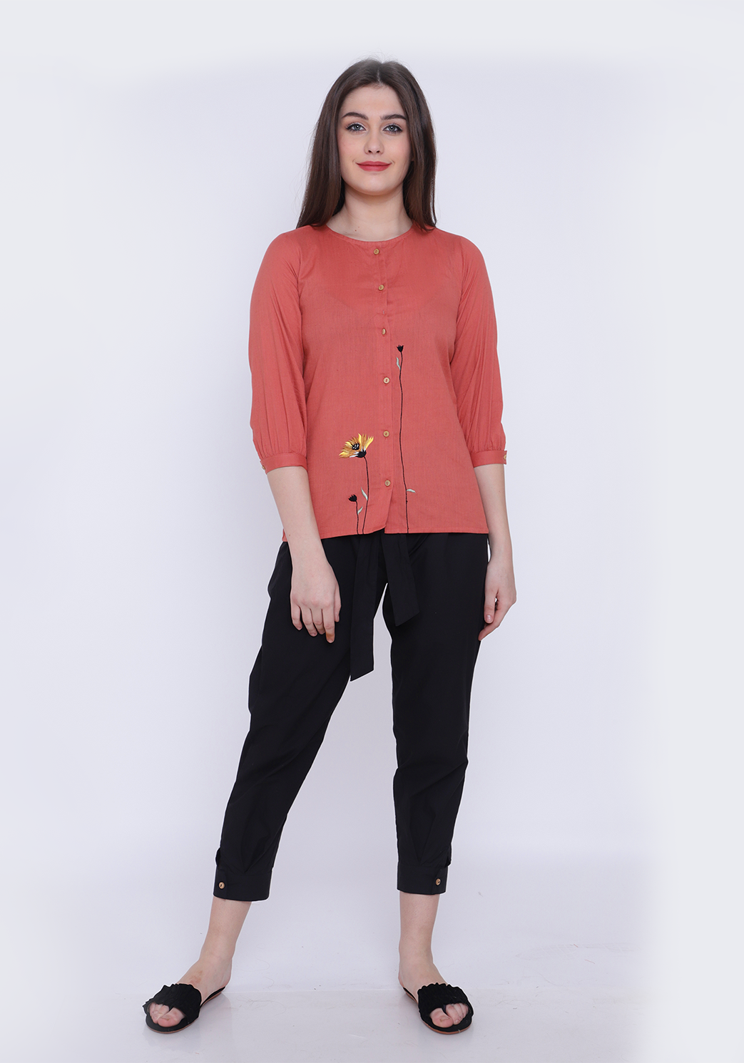 Floral Embroidered Cotton Flex Dusty Orange Shirt