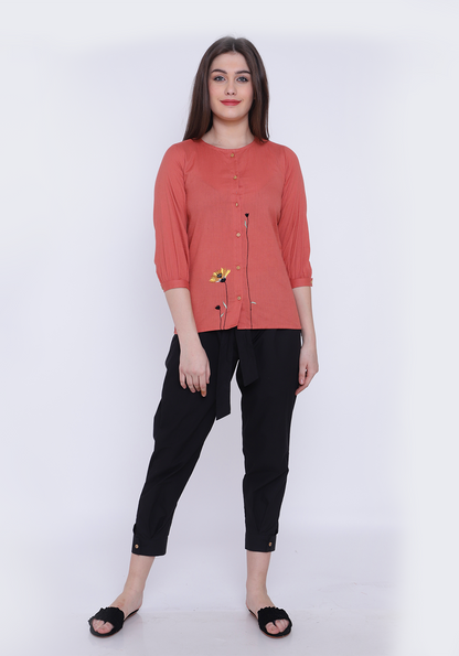 Floral Embroidered Cotton Flex Dusty Orange Shirt