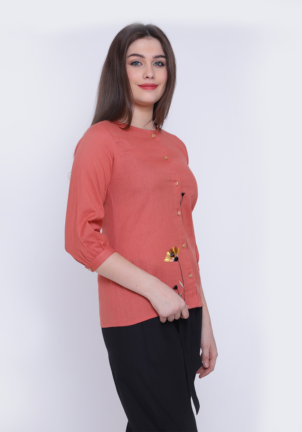 Floral Embroidered Cotton Flex Dusty Orange Shirt