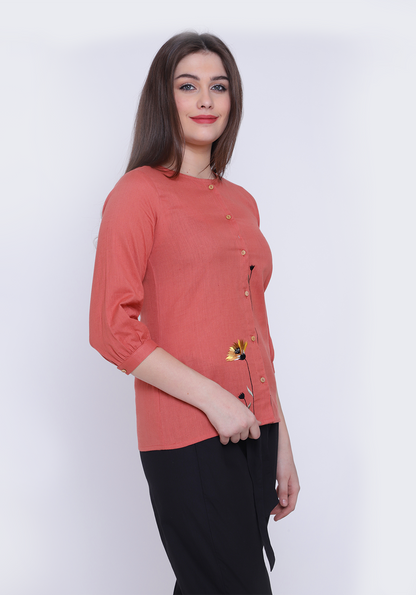 Floral Embroidered Cotton Flex Dusty Orange Shirt
