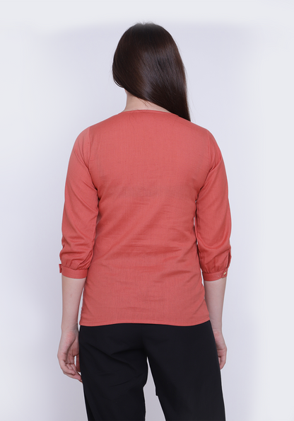 Floral Embroidered Cotton Flex Dusty Orange Shirt
