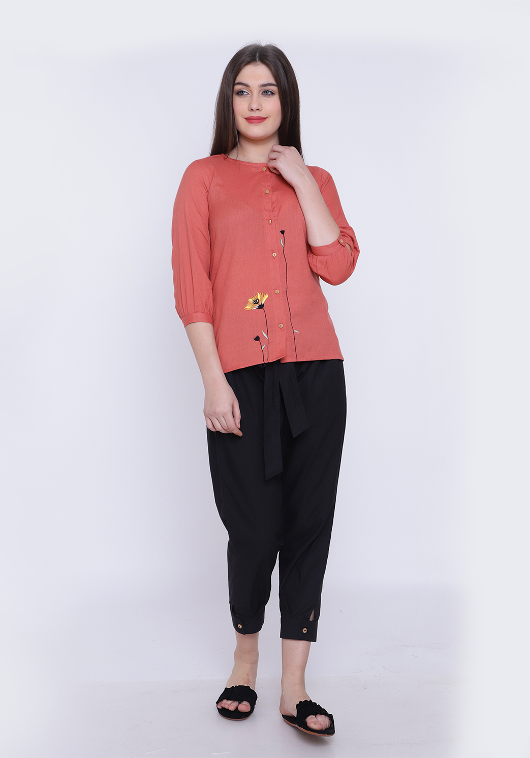 Floral Embroidered Cotton Flex Dusty Orange Shirt