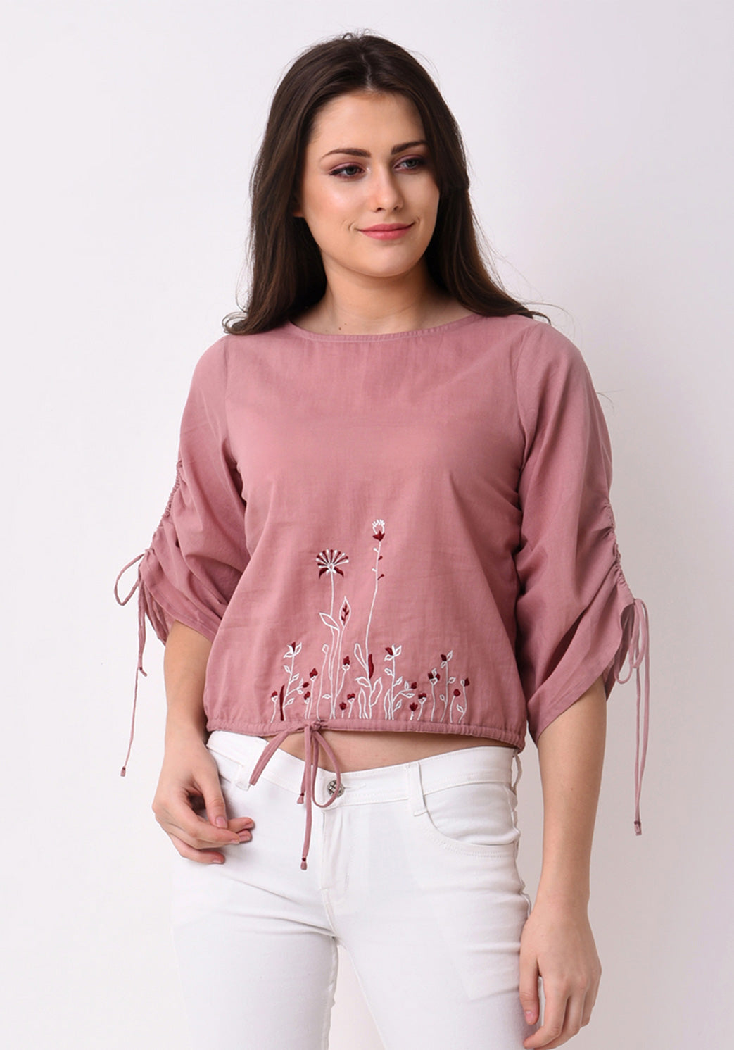 Floral Embroidered String Top - Pale Blush