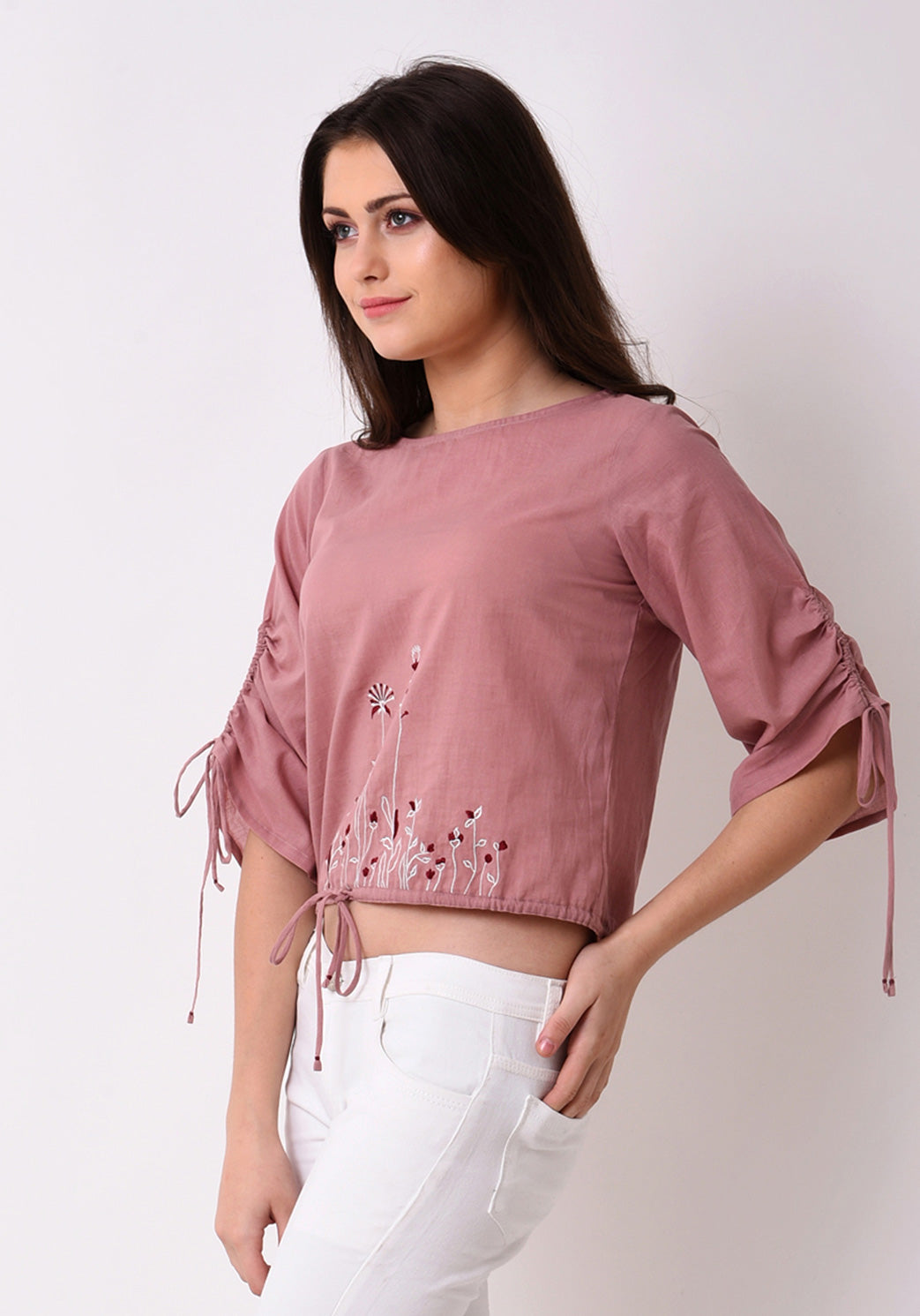 Floral Embroidered String Top - Pale Blush
