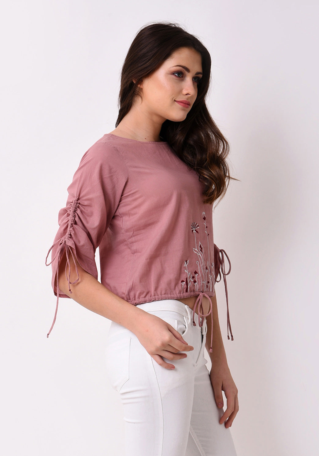 Floral Embroidered String Top - Pale Blush