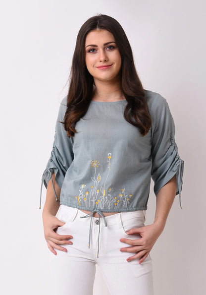 Floral Embroidered String Top - Pale Aqua