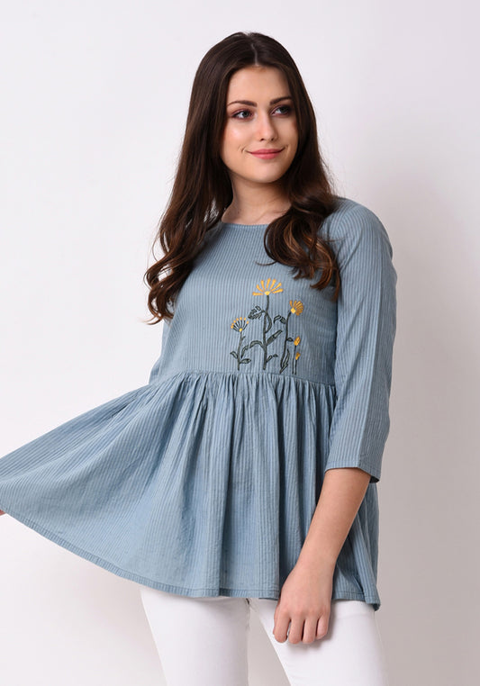 Stripe Dobby Embroidered Tunic - Pale Aqua