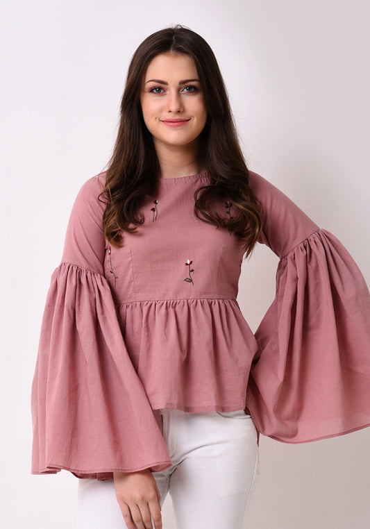 Gathered Flare Embroidered Top - Pale Blush