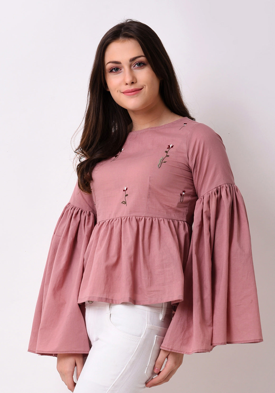 Gathered Flare Embroidered Top - Pale Blush