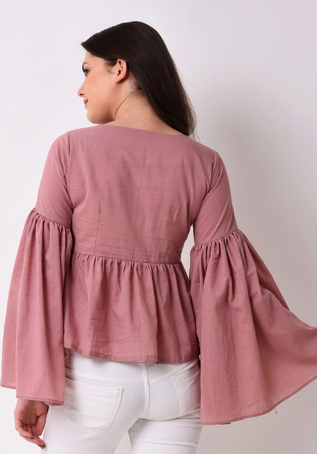 Gathered Flare Embroidered Top - Pale Blush