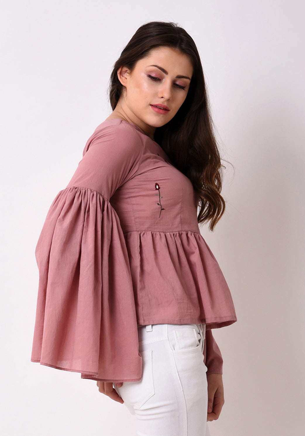 Gathered Flare Embroidered Top - Pale Blush