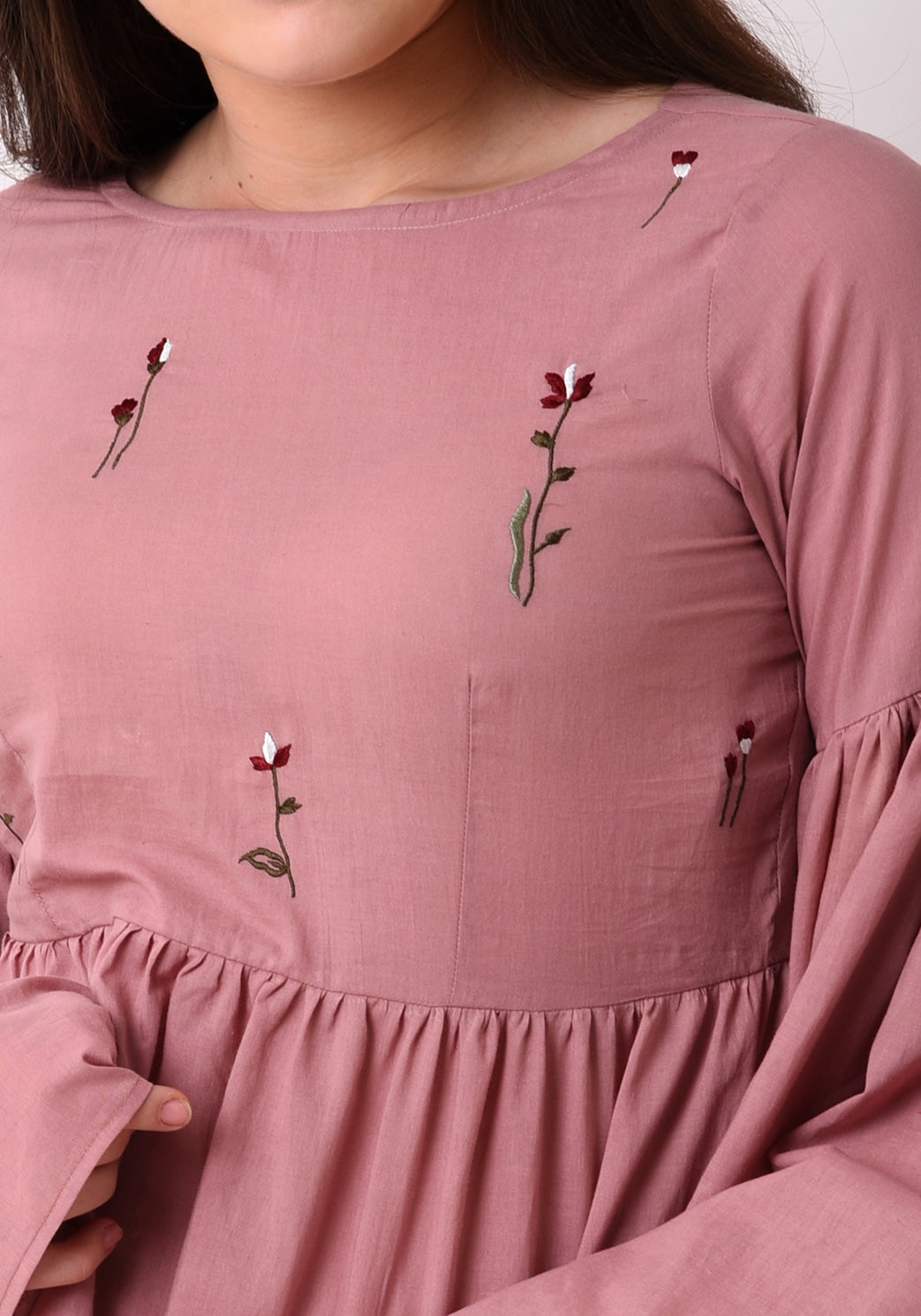 Gathered Flare Embroidered Top - Pale Blush