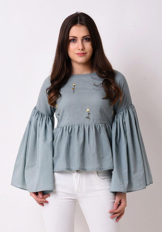 Gathered Flare Embroidered Top - Pale Aqua