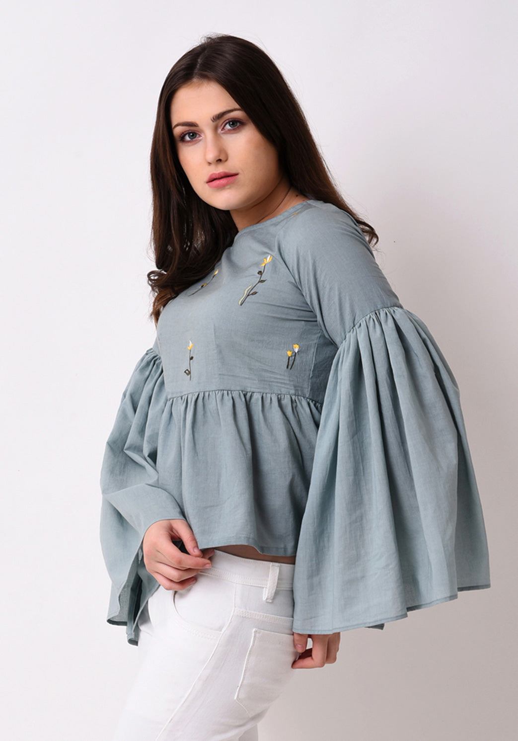 Gathered Flare Embroidered Top - Pale Aqua