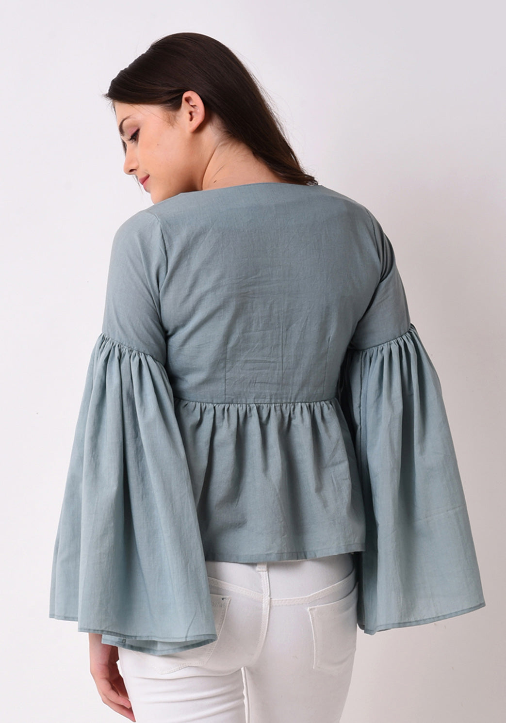 Gathered Flare Embroidered Top - Pale Aqua