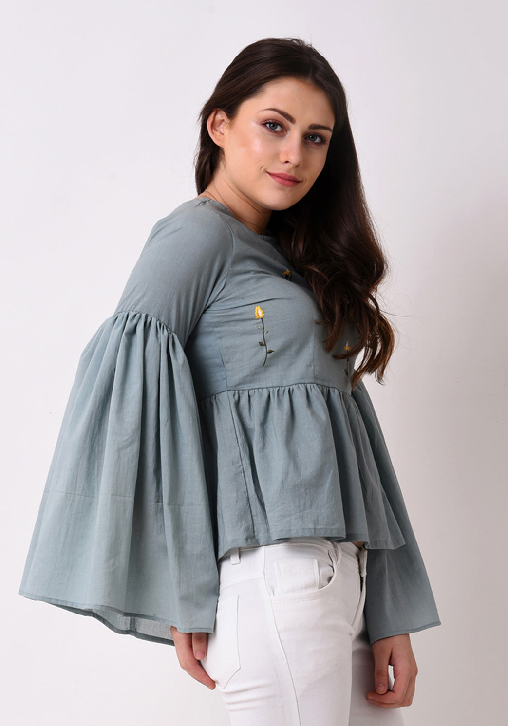 Gathered Flare Embroidered Top - Pale Aqua