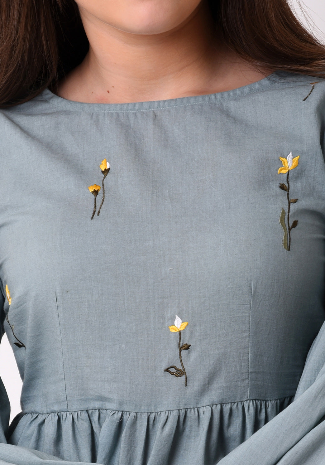 Gathered Flare Embroidered Top - Pale Aqua