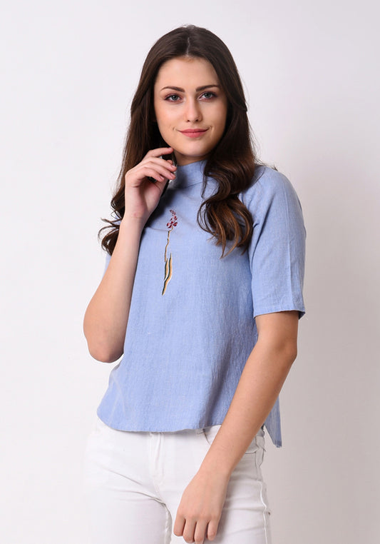 Chambray Embroidered Top - Wan Blue