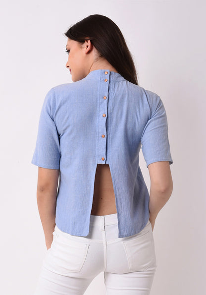 Chambray Embroidered Top - Wan Blue