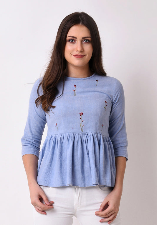 Floral Embroidered Chambray Top - Wan Blue