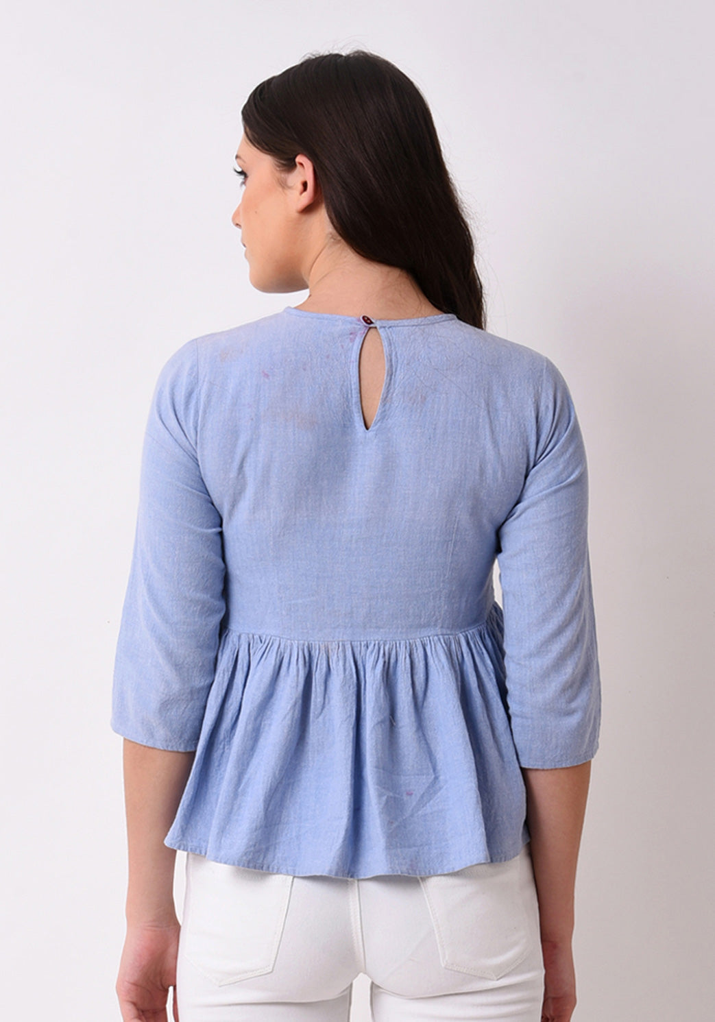 Floral Embroidered Chambray Top - Wan Blue