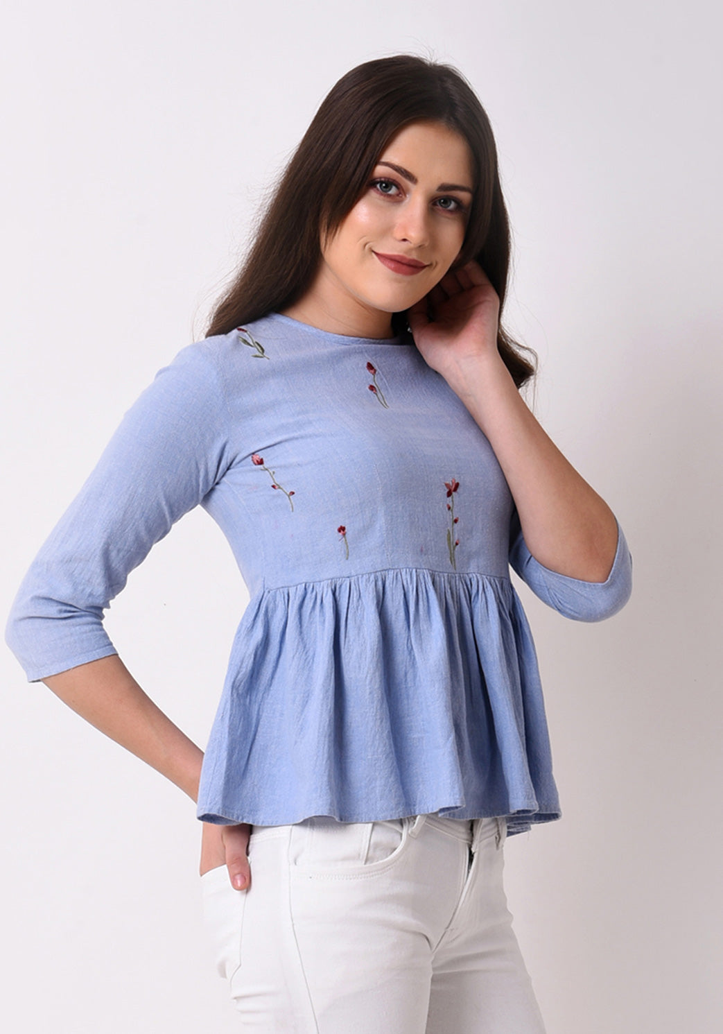Floral Embroidered Chambray Top - Wan Blue