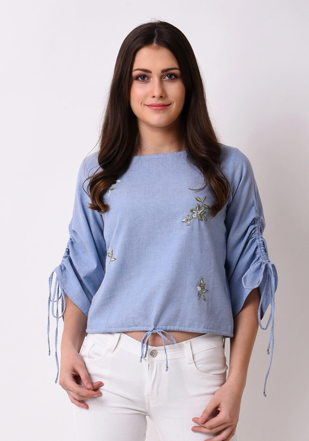 Chambray Floral Embroidered Top - Wan Blue