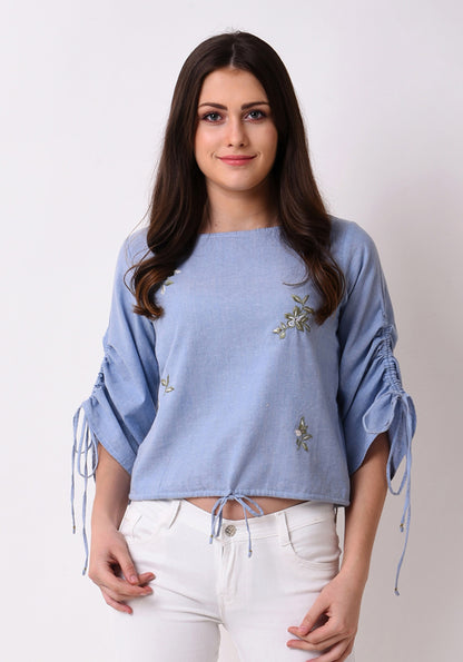 Chambray Floral Embroidered Top - Wan Blue