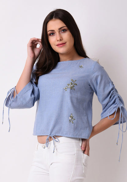 Chambray Floral Embroidered Top - Wan Blue
