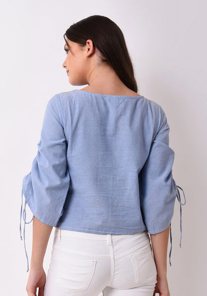 Chambray Floral Embroidered Top - Wan Blue