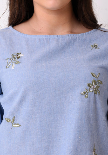 Chambray Floral Embroidered Top - Wan Blue