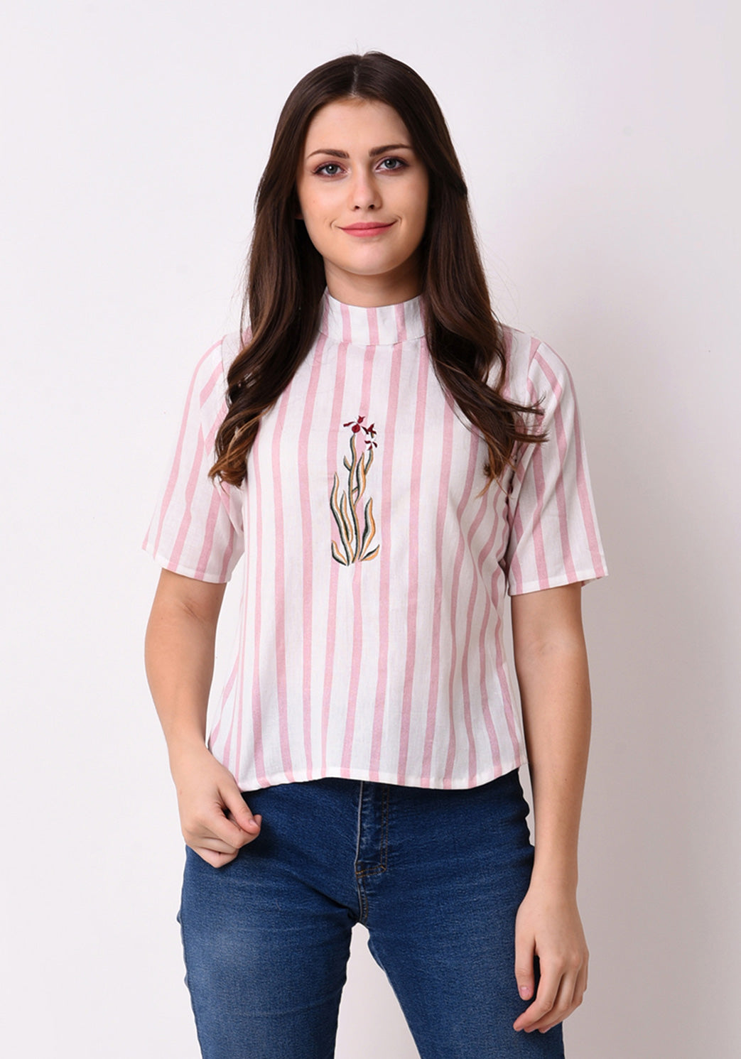Striped Embroidered Back Button Top - Pale Blush