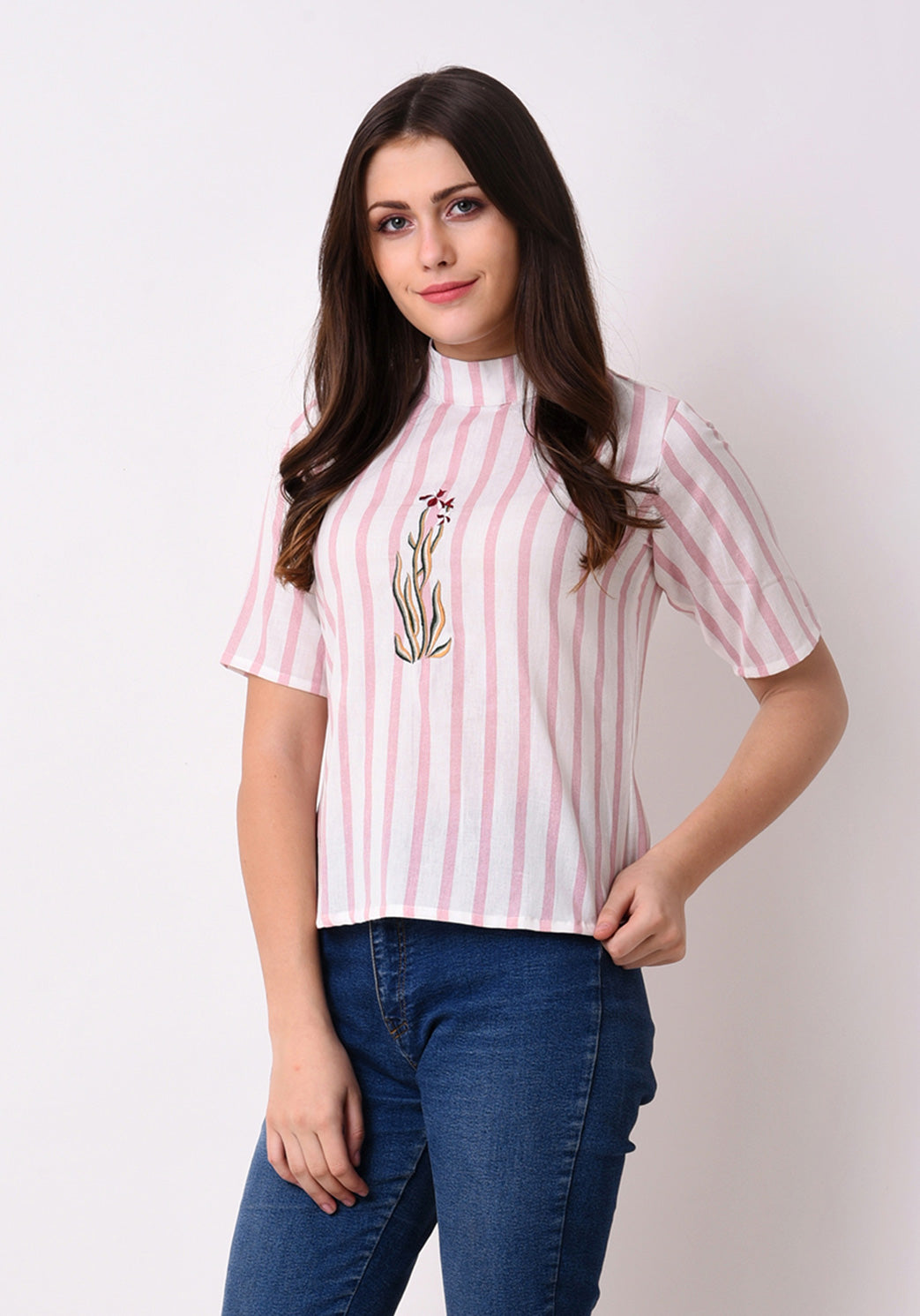 Striped Embroidered Back Button Top - Pale Blush