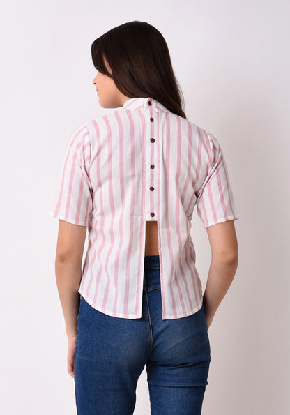 Striped Embroidered Back Button Top - Pale Blush