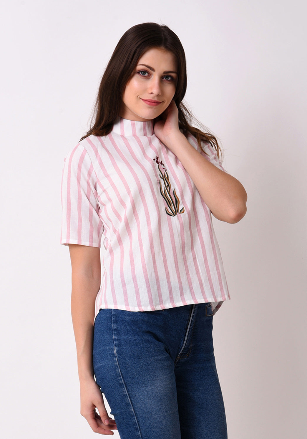 Striped Embroidered Back Button Top - Pale Blush