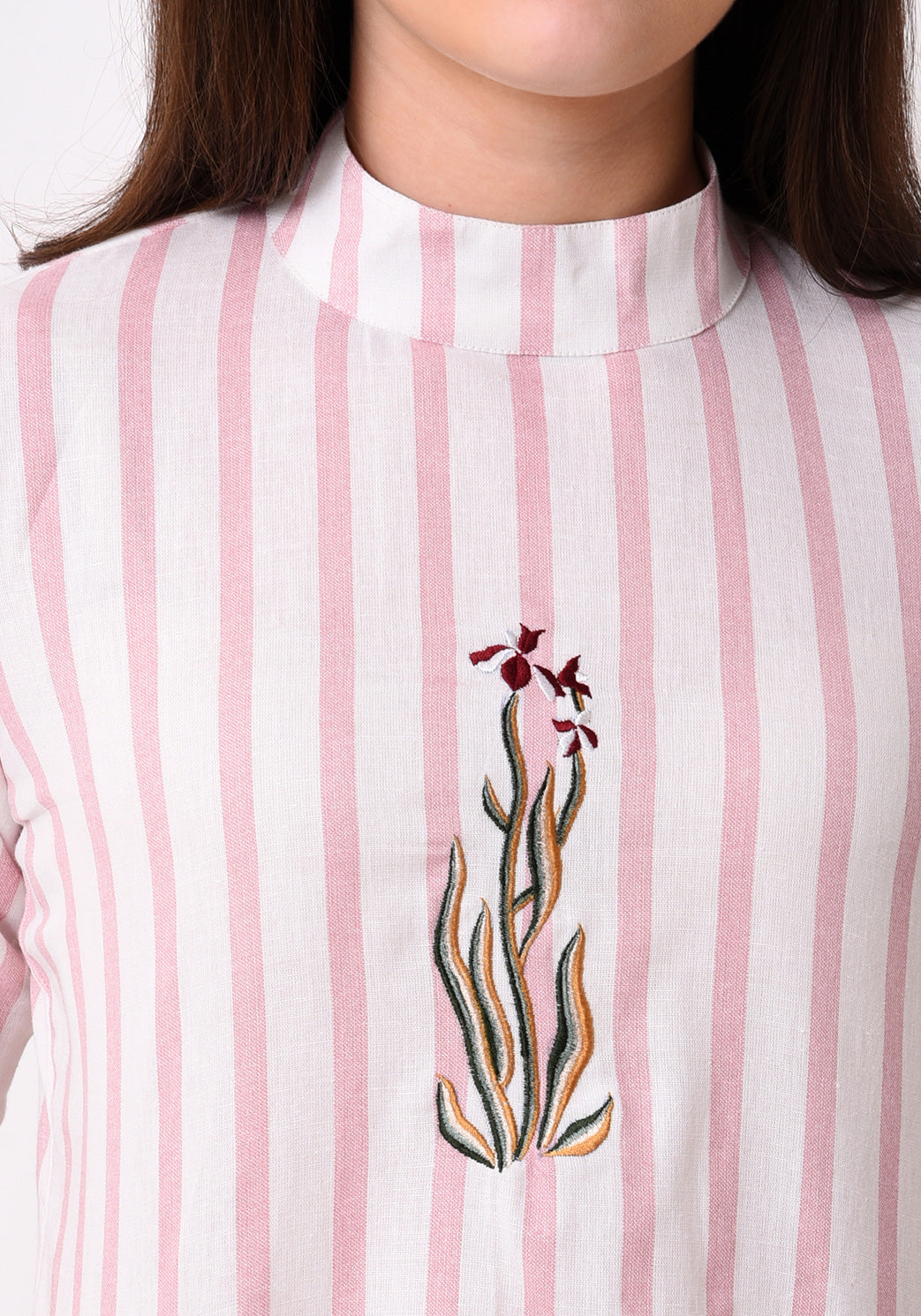 Striped Embroidered Back Button Top - Pale Blush