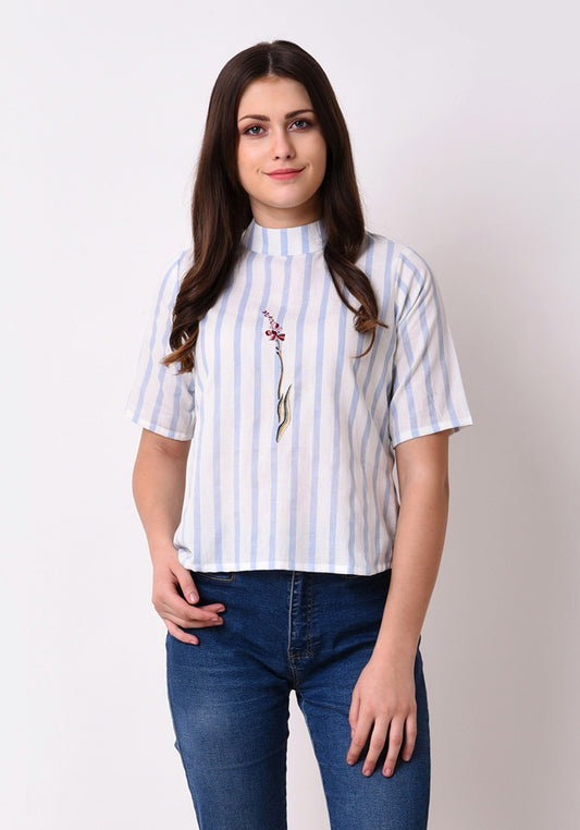 Striped Embroidered Back Button Top - Wan Blue