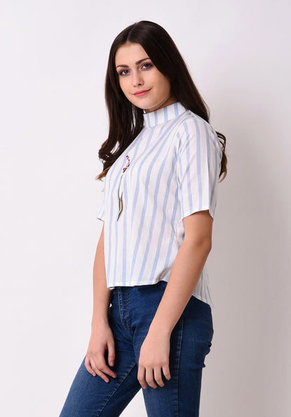 Striped Embroidered Back Button Top - Wan Blue