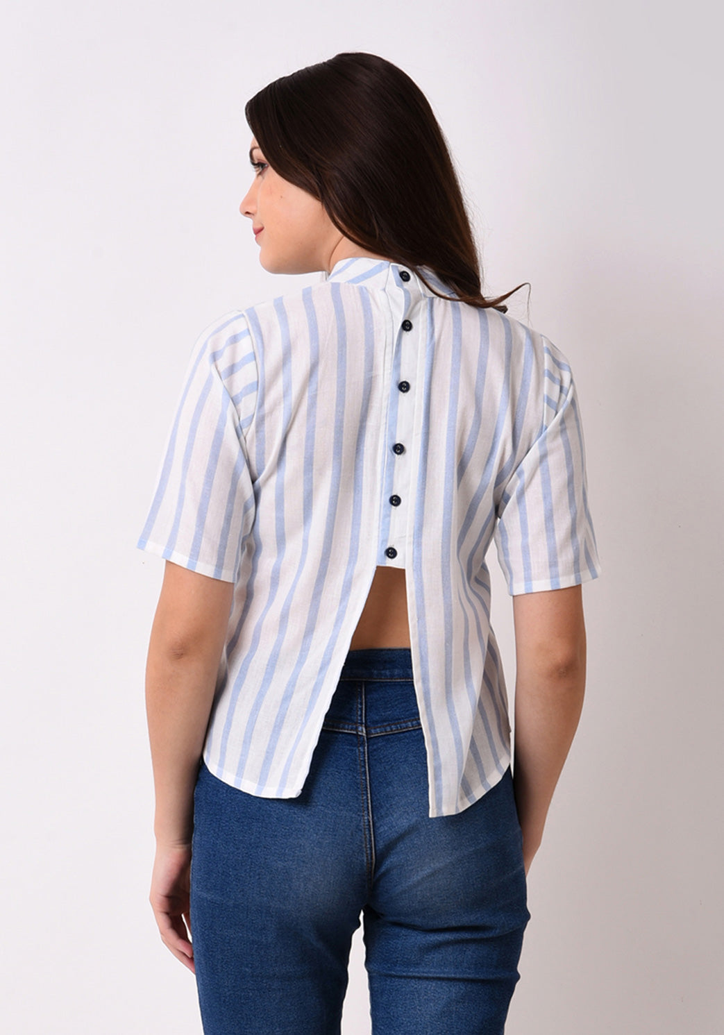 Striped Embroidered Back Button Top - Wan Blue