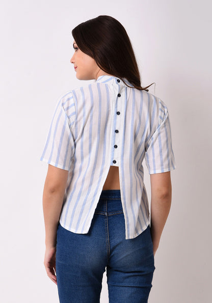 Striped Embroidered Back Button Top - Wan Blue