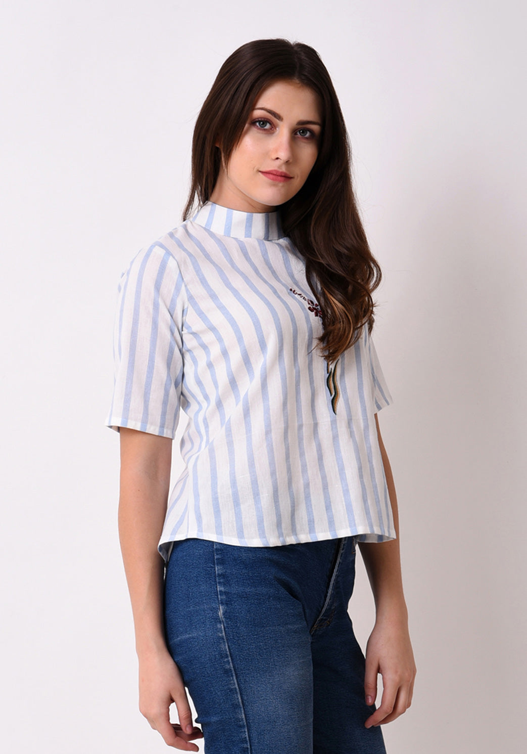 Striped Embroidered Back Button Top - Wan Blue