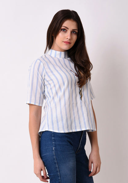 Striped Embroidered Back Button Top - Wan Blue