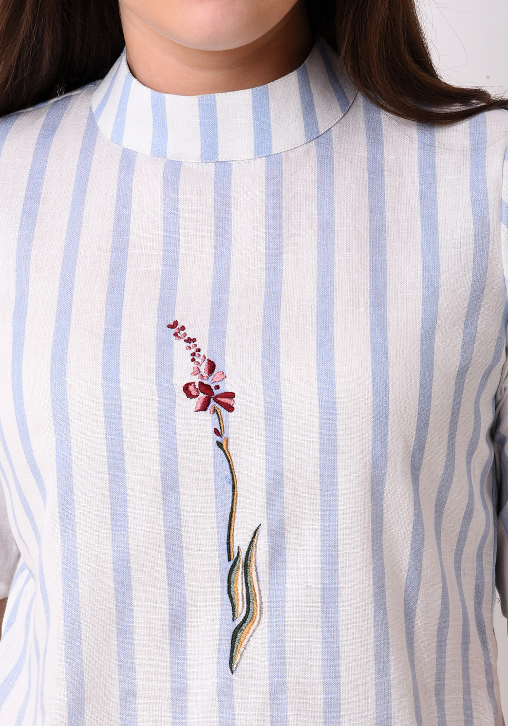Striped Embroidered Back Button Top - Wan Blue
