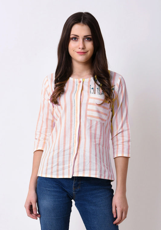 Striped Button Down Embroidered Top - Pale Blush