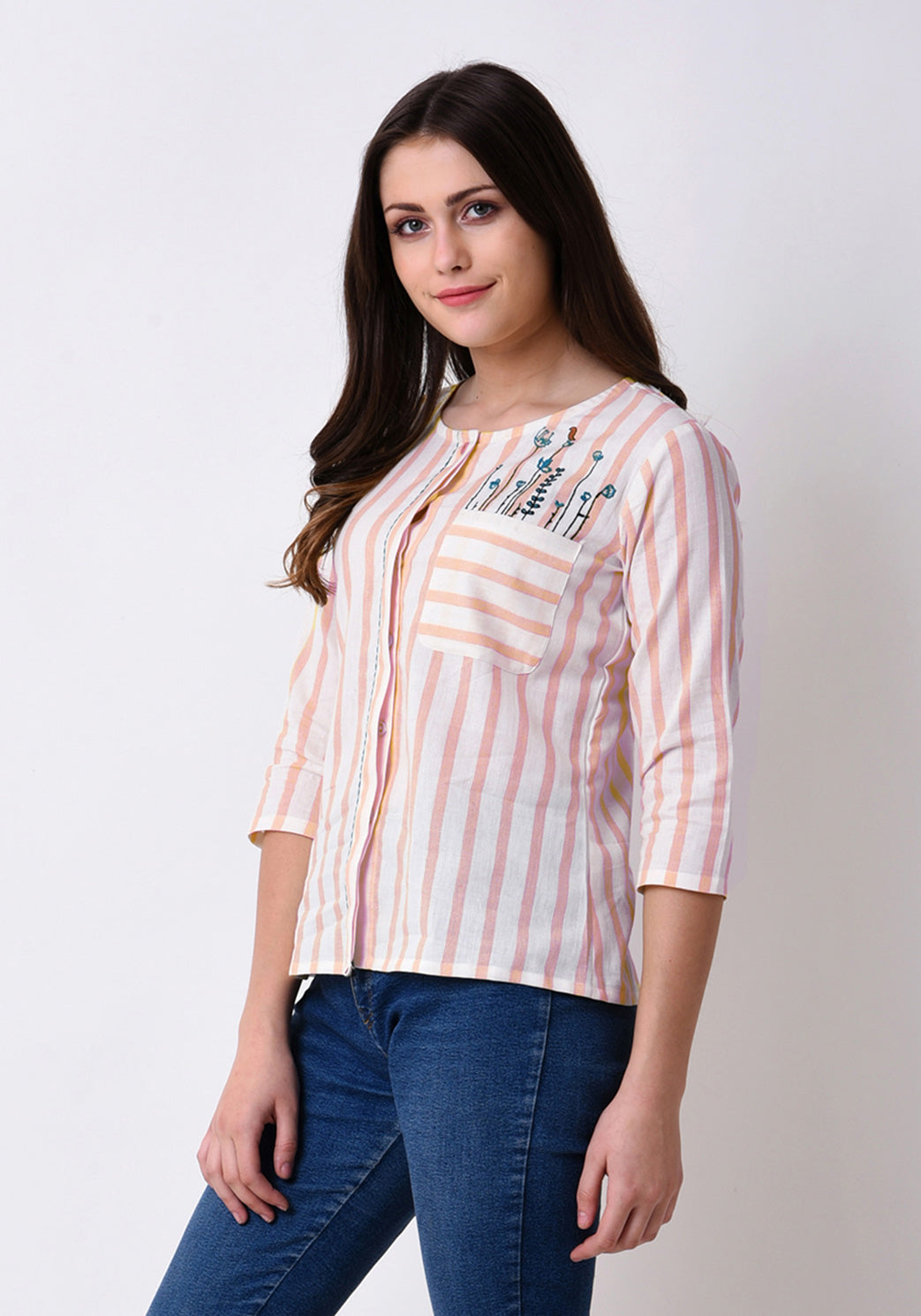 Striped Button Down Embroidered Top - Pale Blush