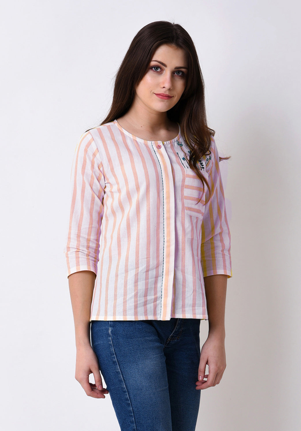Striped Button Down Embroidered Top - Pale Blush