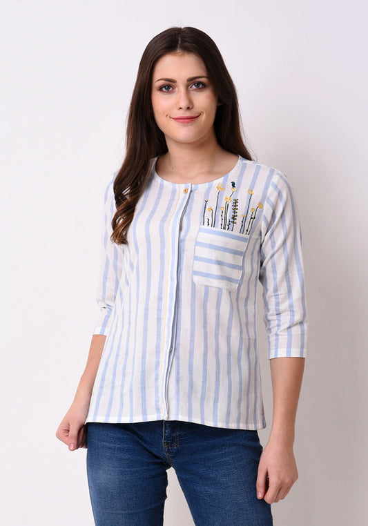 Button Down Embroidered Top - Wan Blue